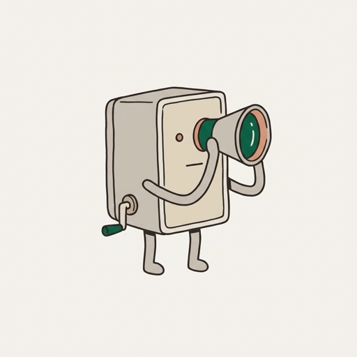 A boxy hand-held film viewfinder with a tapered eyepiece and a side crank, standing on stubby legs and holding its eyepiece up to frame a shot.