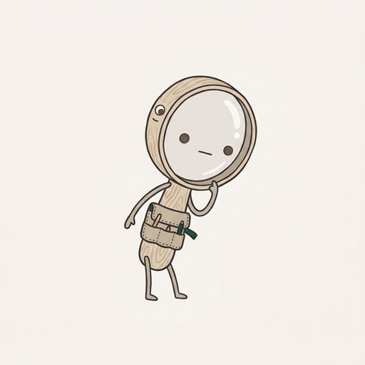 A wooden-handled magnifying loupe wearing a small canvas tool roll, leaning forward on thin legs as if inspecting something out of frame.
