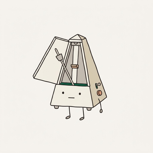 A wooden pyramid metronome with its front panel open, a swinging pendulum arm and sliding weight, dot eyes on the case and small feet.