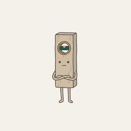An upright wooden spirit level with a brass-rimmed vial near the top, a green bubble inside it, dot eyes and folded arms.
