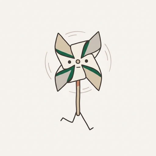 A paper pinwheel on a wooden stick with four folded vanes caught mid-spin, dot eyes on the hub and thin legs mid-stride.