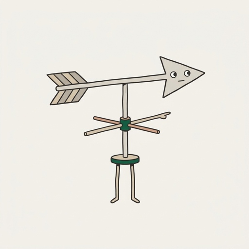 A slim weathervane arrow with a fletched tail balanced on a spindle, short direction crossbars for arms and dot eyes near the arrowhead, standing on thin legs.