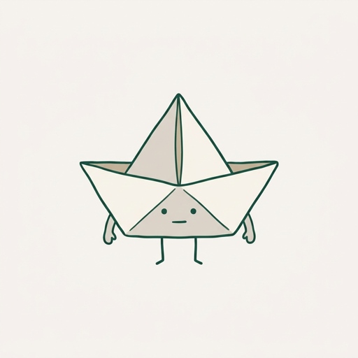 A folded paper boat with a raised prow, sitting on two short legs, with dot eyes on the hull and small arms at its sides.