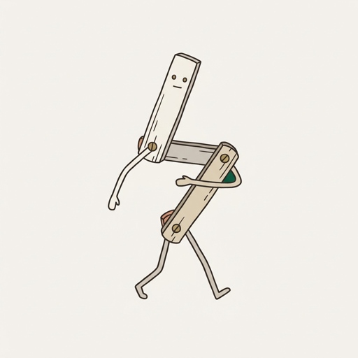 A wooden folding carpenter's rule unfolded into a striding zig-zag figure with brass hinges for joints and dot eyes on its top segment.