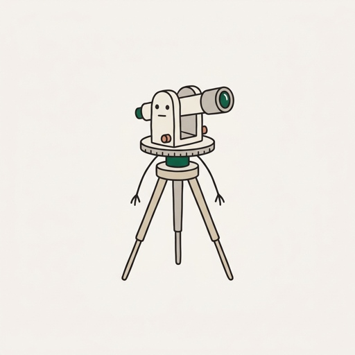 A surveyor's theodolite with a small optical head and a graduated collar, standing on three slim tripod legs and sighting along its barrel.