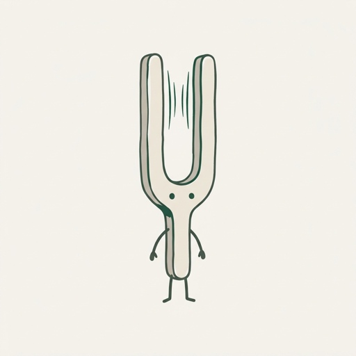 A steel tuning fork standing on its stem with two prongs like ears, faint vibration lines between them, dot eyes and short arms.