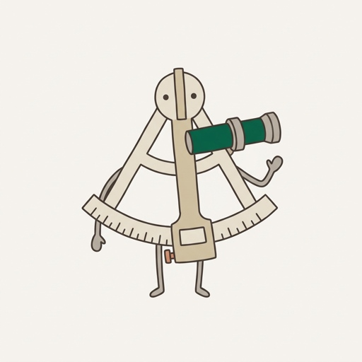 A small brass sextant with a graduated arc for a base, an upright index arm, a short sighting telescope, dot eyes on its frame and thin legs, one hand raised.