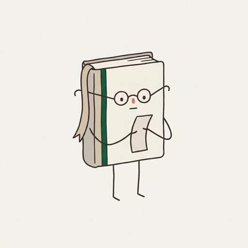 A small hardbound ledger book standing on thin legs with a ribbon marker, round reading spectacles on its top edge and a narrow paper slip in one hand.
