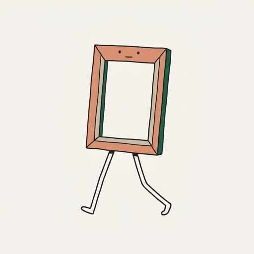 An empty rectangular picture frame striding forward on two long thin legs, its hollow middle showing the plain background straight through.