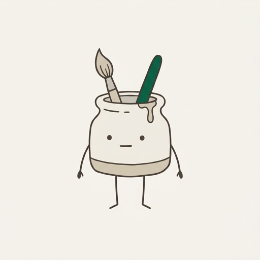A squat ceramic glue pot with a brush standing in it like a tuft of hair, a drip on its lip, dot eyes and short arms.